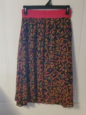 Luluroe Lola Women's Black Floral Geometric Midi Skirt with Pink Waistband